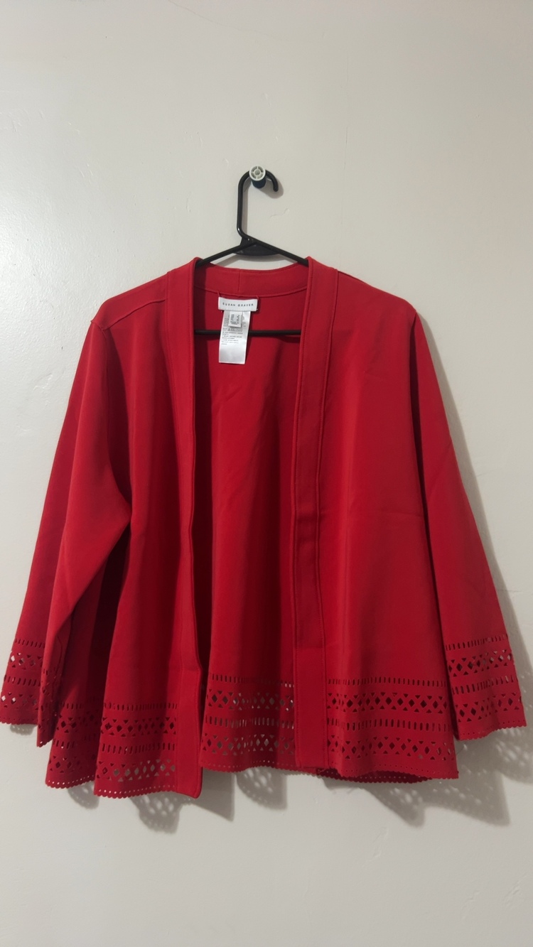 Susan Graver Women's Red Open Front Jacket XL Laser Cut Hem
